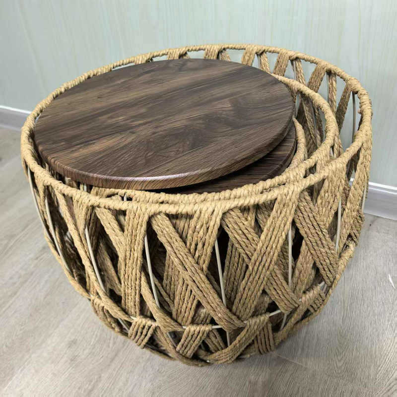 Mesa de tejido de madera transfronteriza mesa de té de caña sala de estar mesa de té balcón fábrica de mesa de tejido de paja al por mayor