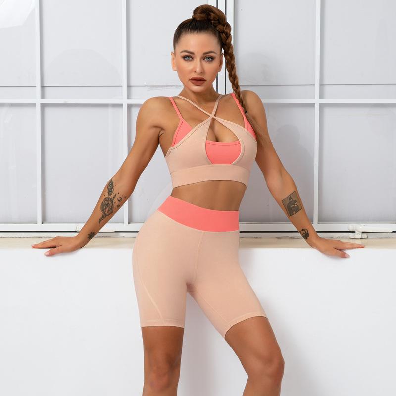 wrap chest high waist sling hip-lifting high-elastic color matching bra and shorts yoga suit NSNS131744