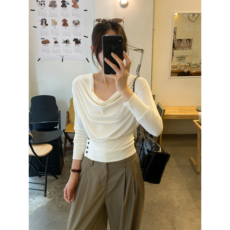 欧货今年流行高级感荡领长袖T恤女2025早秋新款独特短款上衣|undefined