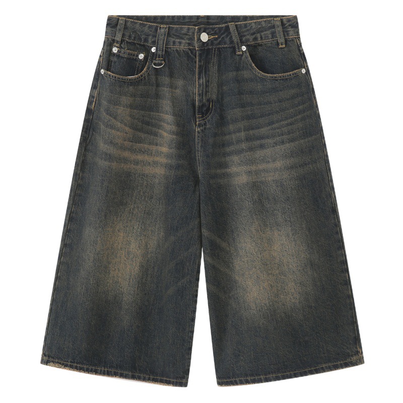 nirben Denim | New American Retro Old Denim Shorts Joker Loose Wide Leg Straight Pants