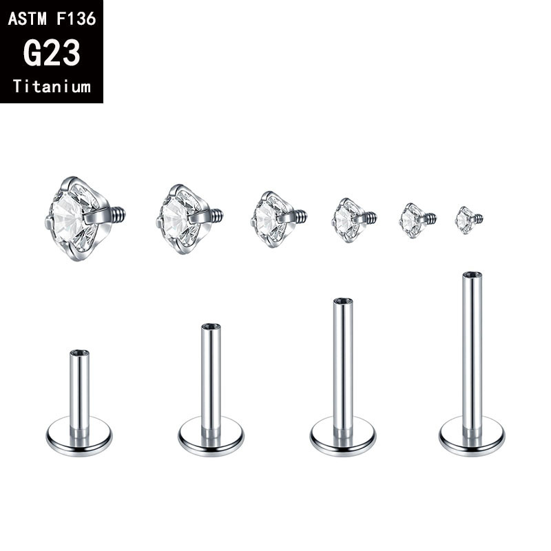 G23 Titanium Four-Claw Inlaid Zircon Inner Tooth Lip Nail Internal Thread Ear Stud, 1.2mm x 14mm, 8mm Top detail image 9