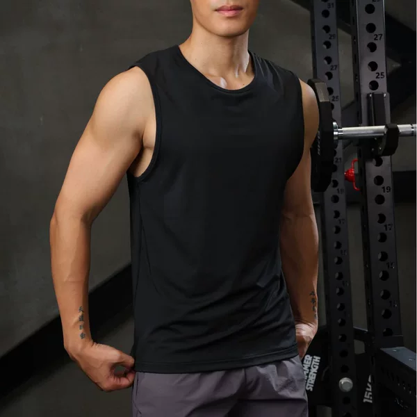 Men's quick-dry vest, ice silk stretch slim-fit tank top, round neck, solid color, suitable for sports, fitness, running, outdoor workouts, and versatile use