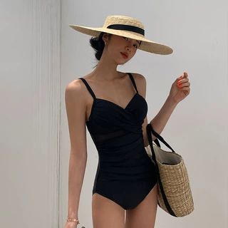 韩版连体三角泳衣女遮肉显瘦ins简约纯色小胸钢托聚拢度假游泳衣