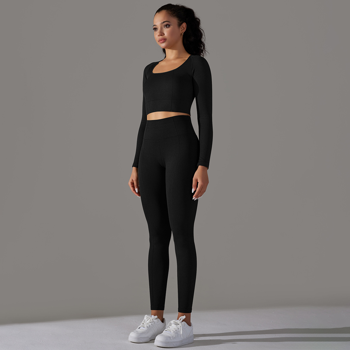 Women's Jacquard Yoga Dress Long Sleeve Suit High Waist Hip Tights Fitness Sportswear_voghion.com