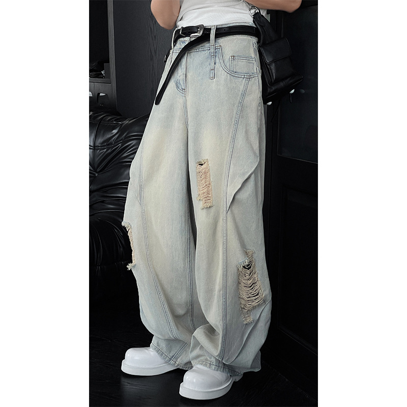 Summer New Loose Design Washed Ripped Jeans Men's American High Street Casual Wide-Leg Scimitar Trousers