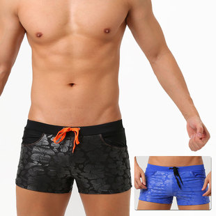 Uxh Hibiscus Flower Embossed Print Men's Boxer Swimming Trunks with Double Side Flap Pocket Pantss Fashionable European and American Men's Tight Beach Shorts