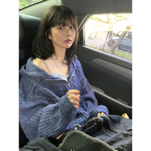 现 2025秋季新款韩国东大门甜美麻花纹连帽针织拉链毛衣外套