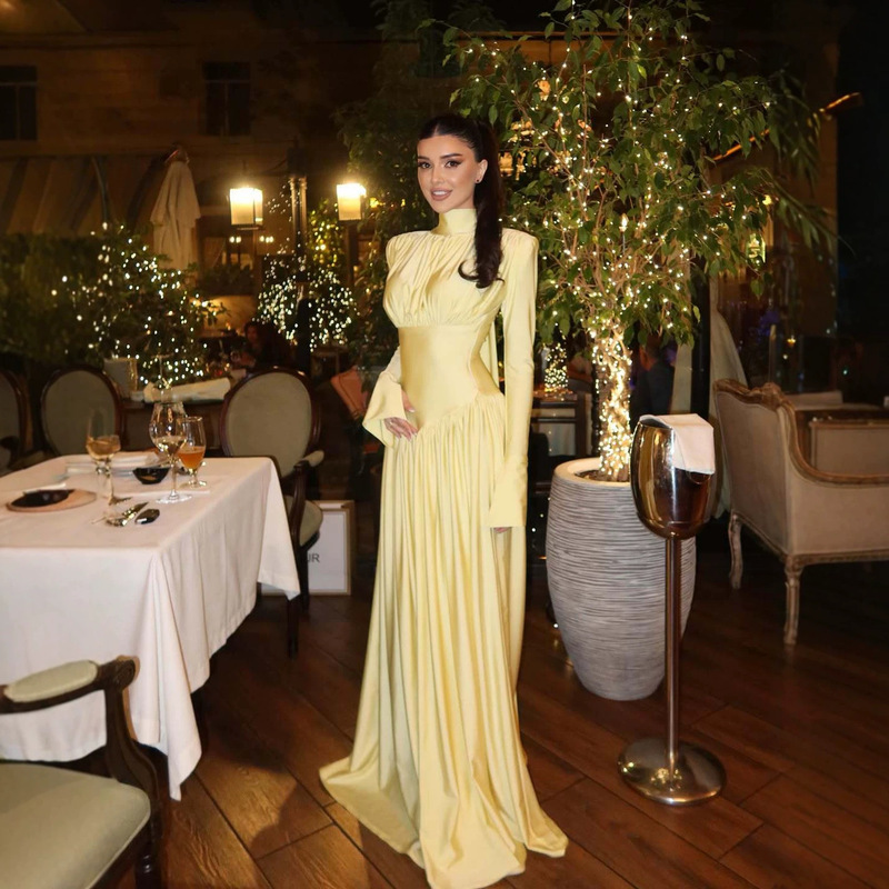 European and American Cross-Border 2026 French-Style Elegant High-Neck Long-Sleeve Satin Pleated Patchwork Waist-Cinching Long Gown Dress