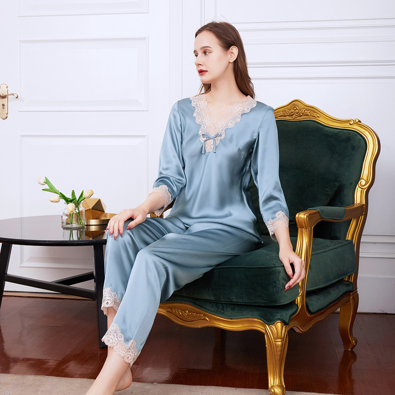 Summer and Autumn Silk Pajamas suit Women's Thin Split Lace V-neck Pullover High-grade 100 Silkworm Silk Home Clothes