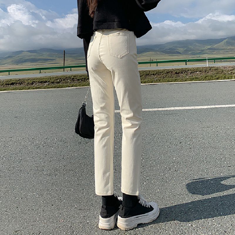 一枚の卸売り代の夏杏色のジーパンの女性の弾力性のまっすぐな筒の春の高い腰の修身はやせているパイプの9分を現します。|undefined