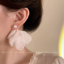 流苏雪纺花朵耳环女生超仙高级感小众设计长款显脸小气质耳钉耳饰