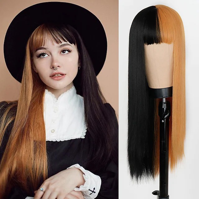 Perruque synthétique Cosplay pour femmes, double ton noir et jaune, frange de tête Yin Yang, couverture de cheveux synthétiques lisses_voghion.com