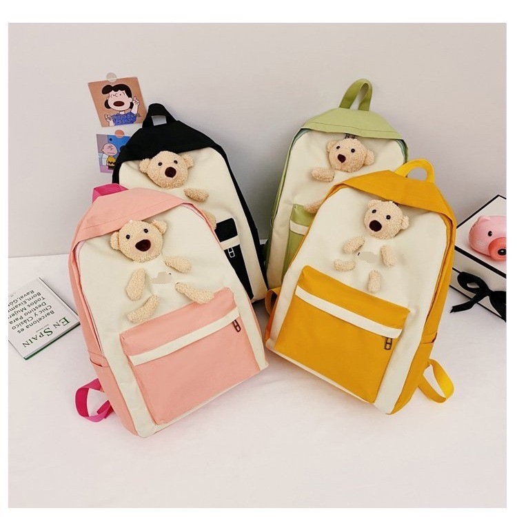 2021新款小熊双肩包背包字母大容量轻便撞色简约旅行学生包
