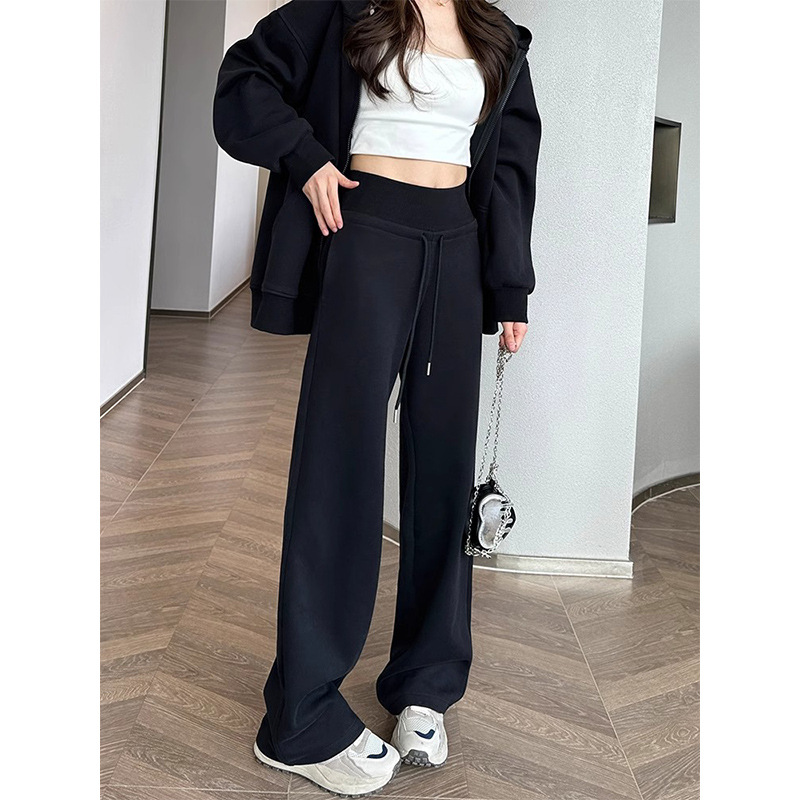 Pantalones negros para mujeres 2024 otoño invierno rectos pantalones largos de cintura alta casual versátil grueso pantalones de pierna ancha sueltos