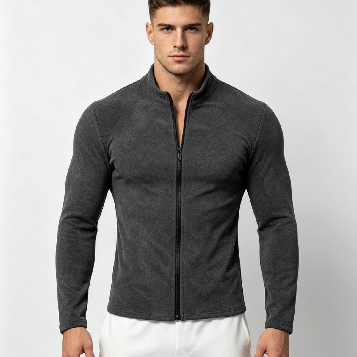 Cross-border best-selling sports zip-up long-sleeve men's double-sided fleece warm high-elastic fitness running casual jacket