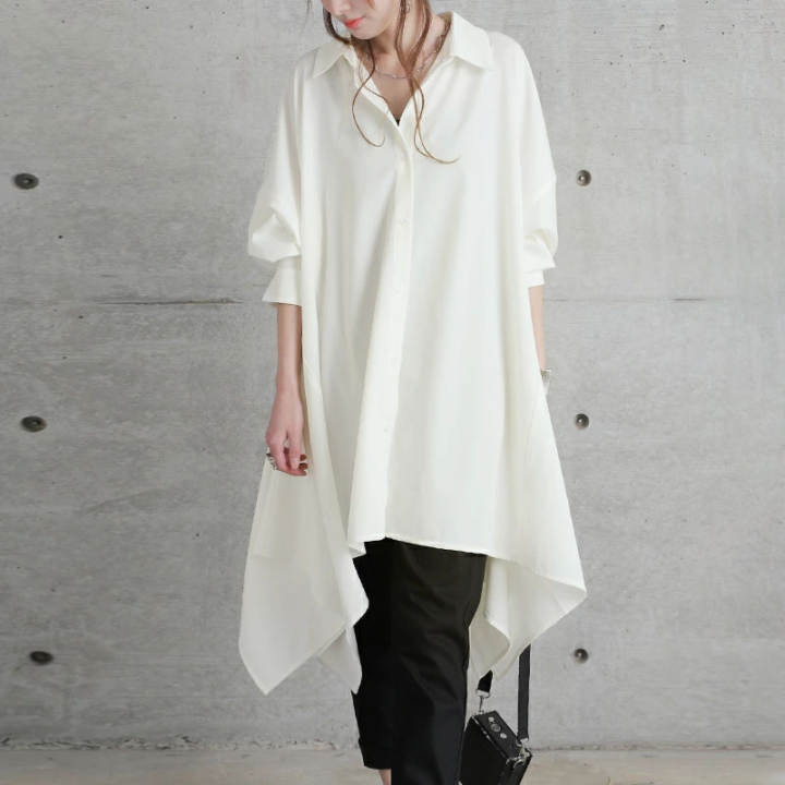 Japanese 2023 New Women's Shirt All-match Asymmetric Loose Large Size Long Tuxedo Shirt Dress