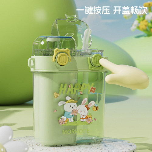 2024 Summer New Children's Water Cup Student Dual Straw Cup Cute Cartoon Water Cup Outdoor Portable Carry Cup