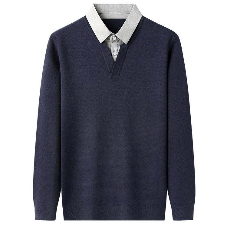 Primavera y otoño con solapa de manga larga de hombre base popular camiseta de punto de hombre falsa dos piezas de chaqueta simple suéter casual suelto