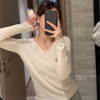 韩版软糯百搭微透圆领羊毛针织衫女24春秋宽松毛衣V领打底衫薄款