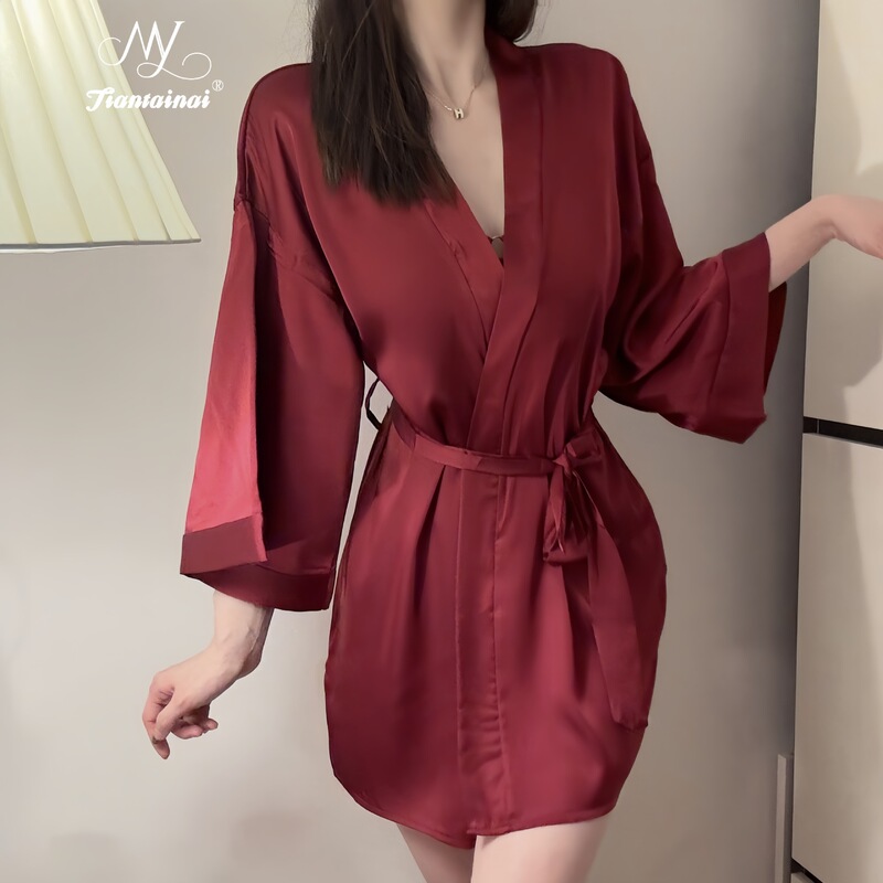 Summer Sexy Pajamas Satin Thin Cardigan Lace-up Nightgown plus size Bathrobe Home Clothes Nightgown Women's Pure suit Summer Sexy Pajamas Satin Thin Cardigan Lace-up Nightgown plus size Bathrobe Home Clothes Nightgown Women's Pure suit