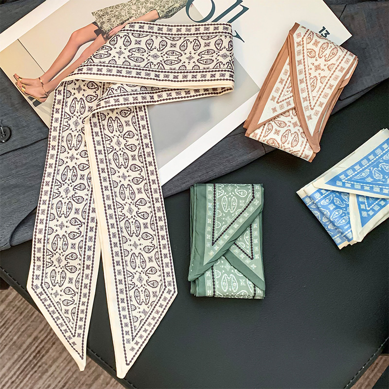 Pañuelo de seda largo, sensación de alta calidad, serie de flores de anacardo retro, pañuelo pequeño estilo ins de doble cara, bolso atado, cinta para el cabello