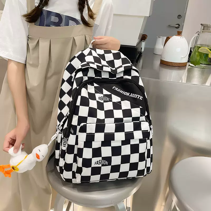 书包女ins小众设计棋盘格户外旅行背包大容量学生电脑双肩包批发