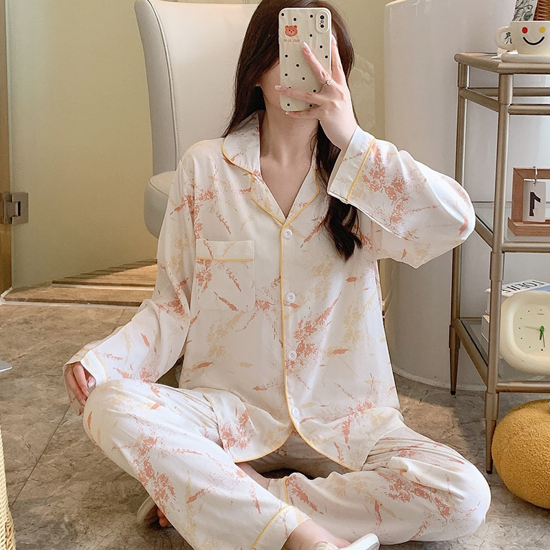 Casual Long-sleeved Women's Pajamas Faux Cotton Simple Casual suit Underwear Green Women's Thin Women's Home Clothes