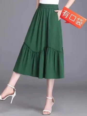Summer half-body skirt, thin single-layer pleated skirt, fat mother slimming elastic waist, age-reducing high waist, large swing skirt
