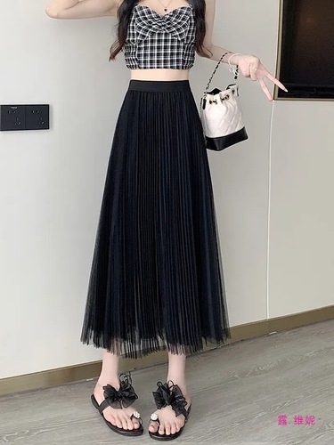 Drop-shoulder Mesh Half-length Skirt for Women 2025 Spring and Autumn Double-layer Pleated Word Skirt High-waisted Slimming Lightweight Mesh Skirt