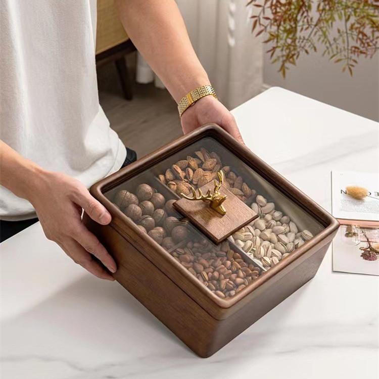 Rejilla de madera de nogal negro caja de fruta seca caja de almacenamiento de aperitivos hogar sala de estar plato de caramelo postre de tuerca caja de madera maciza de múltiples capas