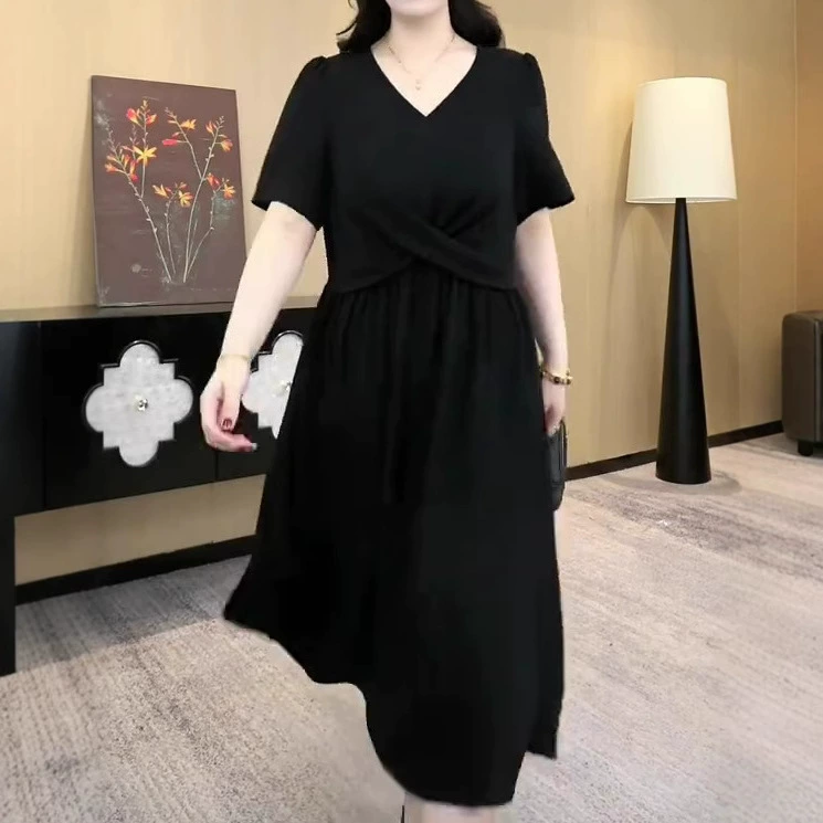 2025 новый летний стиль французского минималистского темперамента высокого класса шифон тощий 250 кг жирный MM платье платье мама женщина