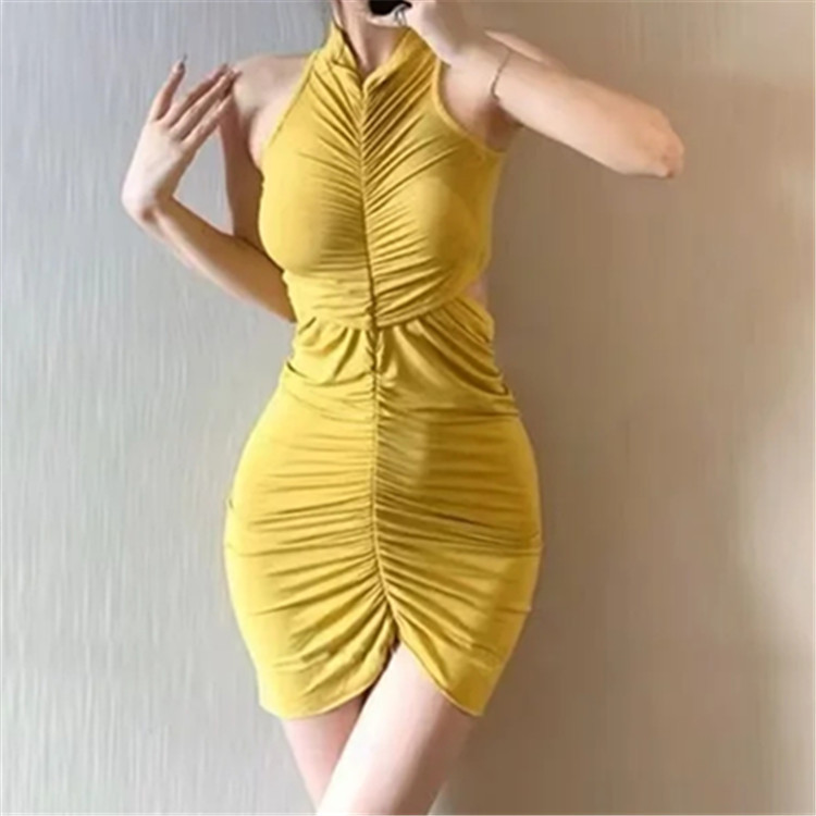 ins Hot Girl Pleated Off-waist Sleeveless Dress Women's 2023 Summer Small V-neck High Elastic Slim-fit Slimming Hip Skirt