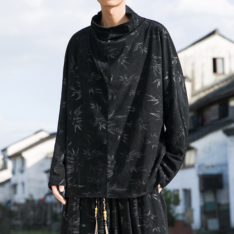 2025 새로운 가을, 겨울 중국 스타일 남성 트렌디 리프 코듀로이 틈새 푸시 칼라 터틀넥 티셔츠 바닥 셔츠