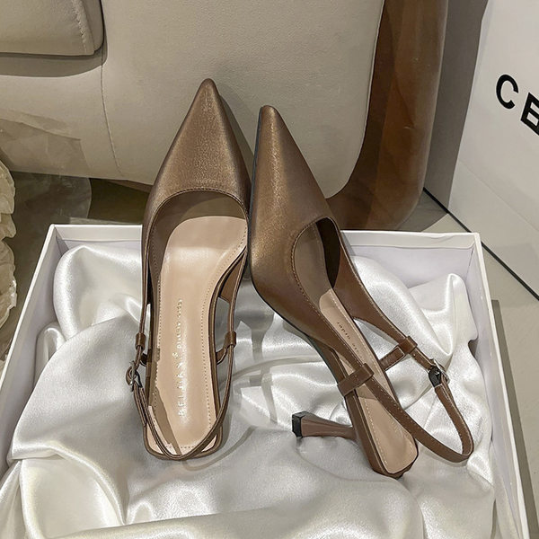 Giày sandal nữ bít mũi mũi nhọn gót mảnh quai ngang, gót 6–8 cm — Màu nâu, Màu trắng be, Màu vàng nhạt