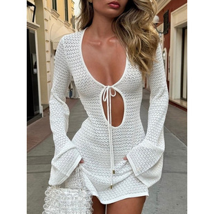 Yangyang's New Cross-Border European and American Beach Skirt Sexy Hollow See-Through Knitted Bikini Swimsuit Cover-Up Sun Protection Clothing for Women