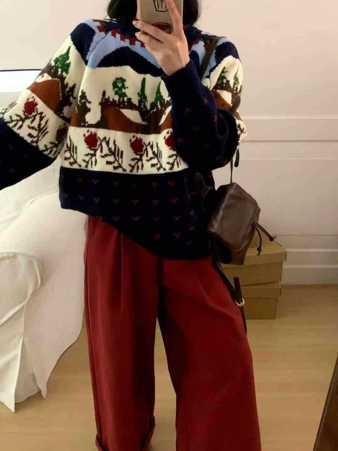 24 invierno Puyuan coreano de punto engrosado suéter de cuello redondo chaqueta de nieve jacquard de doble cara Navidad