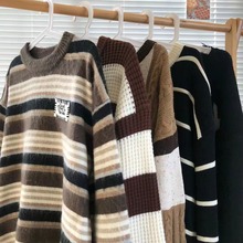 日系复古潮牌条纹软糯糯温柔情侣针织衫毛衣女秋冬保暖撞色外套