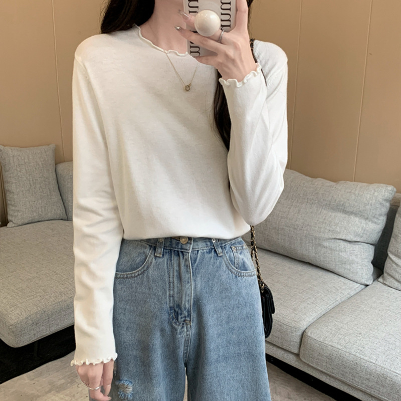 简约圆领木耳边针织毛衣女秋冬季长袖纯色内搭韩版显瘦打底上衣|undefined