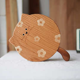 RP4T批发/小花猫木盘子手作点心盘实木面包板家用木餐盘ins装饰盘