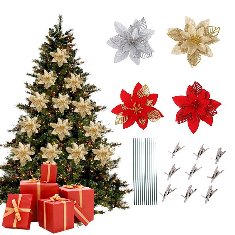 Adornos de Navidad oro rosa flor árbol de Navidad accesorios 15cm oro y plata rojo hueco Navidad flor fábrica en stock venta al por mayor