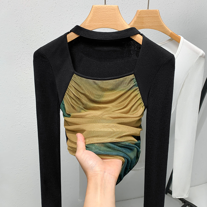 Camisa de fondo de malla para mujer 2023 nuevas mujeres retro cuello cuadrado teñido con costuras de manga larga Camiseta elástica interior superior