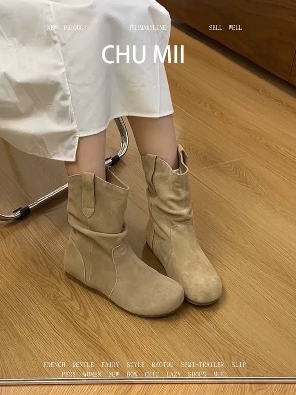 牛皮版~内增高复古短靴女2025秋冬西部马丁靴圆头短筒勃肯堆堆靴|undefined