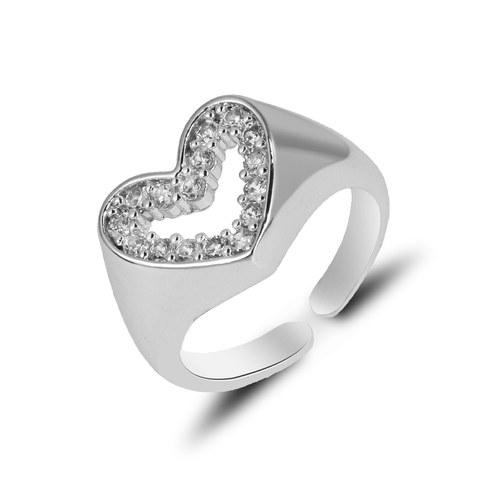 South Korea's Dongdaemun Love Opening Ring Copper Micro-encrusted Zircon Peach Heart Ring Full Of Diamonds Ins Europe And The United States Hip-hop Index Finger Ring