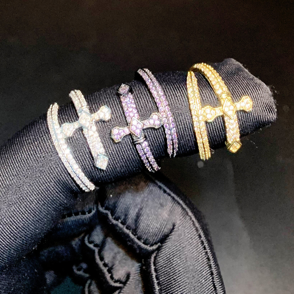 Hip-Hop Cross Rhombus Copper Inlay Zircon Open Ring 1 Piece