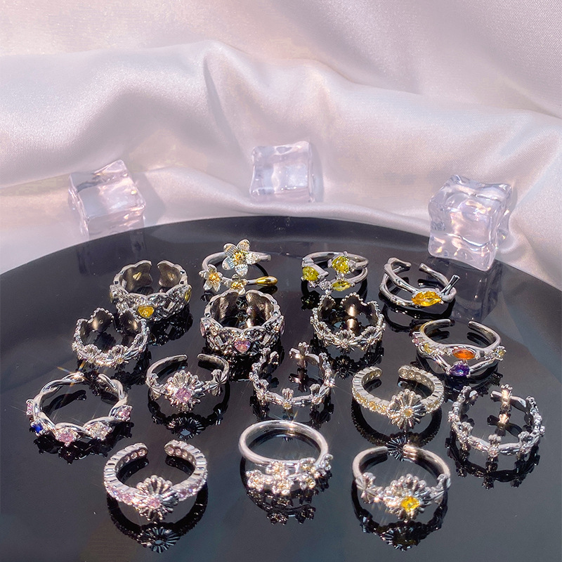 ins風小眾鋯石愛心鄒菊戒指山茶花系列疊戴高級感設計開口指環潮