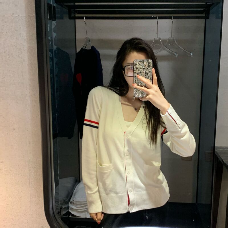 TB Knitted Cardigan Couple Fashion Brand Loose Casual V-Neck Men's and Women's Autumn and Winter New Solid Color Sleeves Three Bars Four Bars