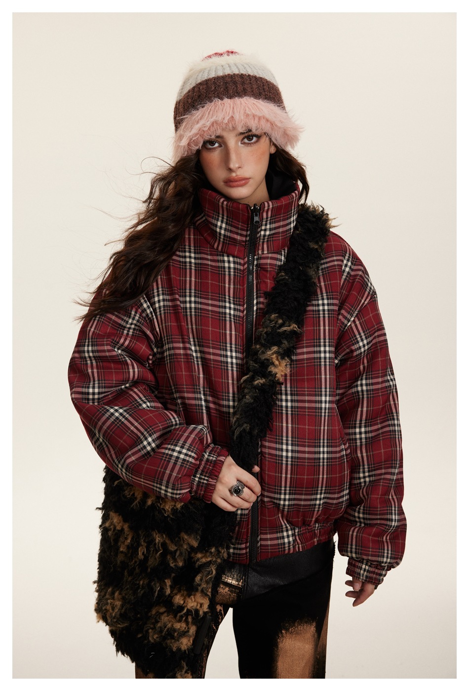 Herrenbekleidung Retro-Karierter Baumwollmantel Paar Wintermantel Männer und Frauen doppelseitiger Baumwollmantel mit Stehkragen_voghion.com