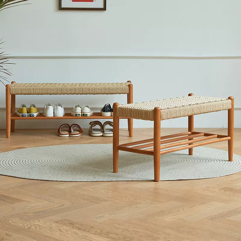 实木藤编换鞋凳长凳日式设计师复古家用民宿换鞋凳鞋架用门口入户