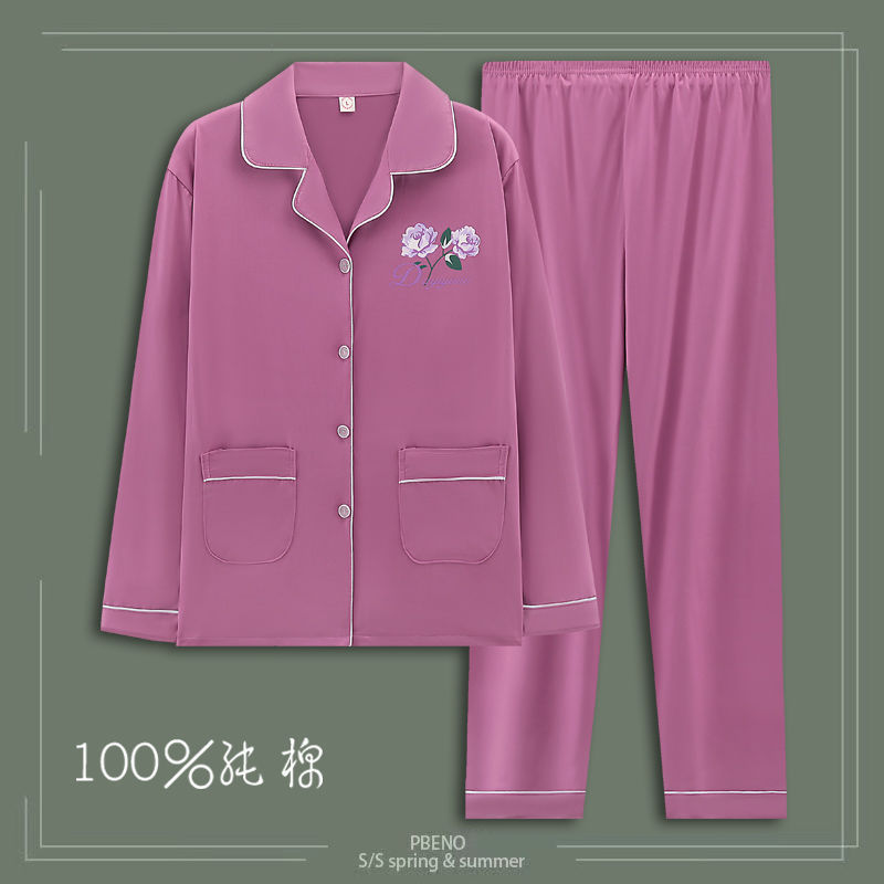 Pijamas de algodón para mujeres primavera y otoño de manga larga cardigan de mediana edad suelta grande se puede usar en el exterior conjunto de ropa de casa