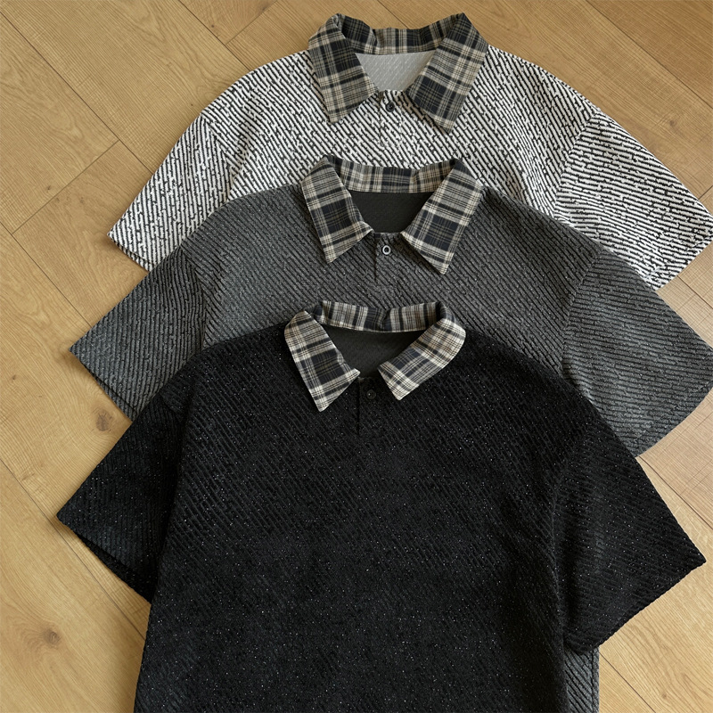 American-style Two-piece Plaid Patchwork Short-sleeve Men's Polo Shirt With Clean Fit And Half-length Sleeves_voghion.com